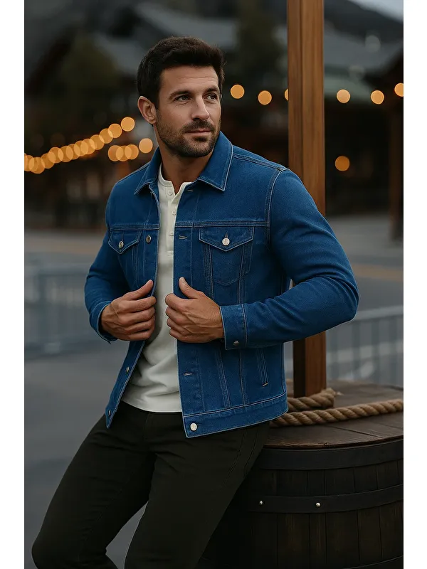 Comstar Erkek Mevsimlik Slim Fit Düğmeli Klasik K.Mavi Jean Ceket