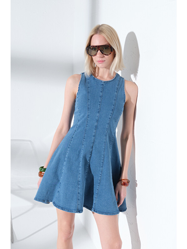 Maule Pamuklu Esnek Denim Bisiklet Yaka Panel Dikişli Mini Kadın Elbise @Sofia