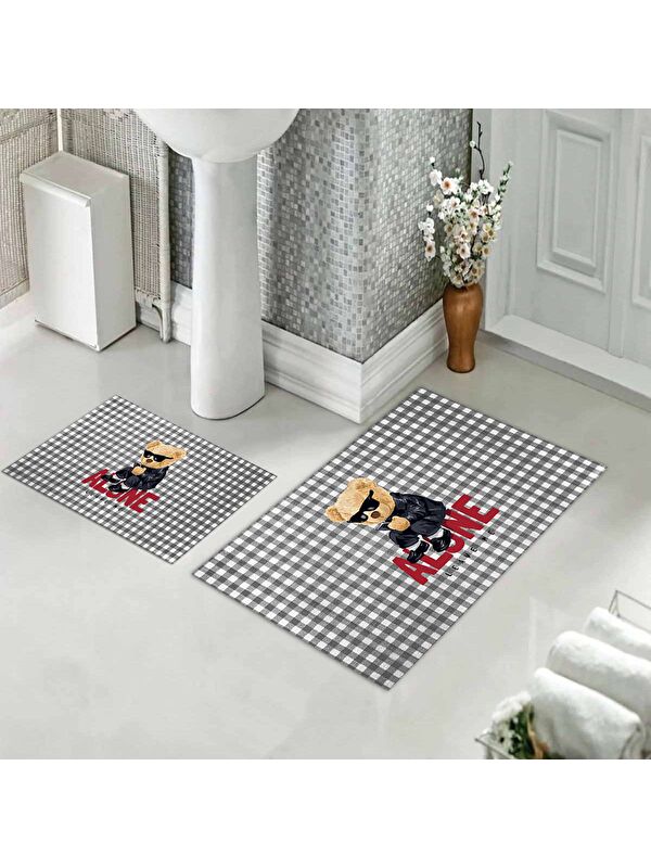 Evmila Teddy Bear Desenli 2 li Kaydırmaz Banyo Paspas Seti