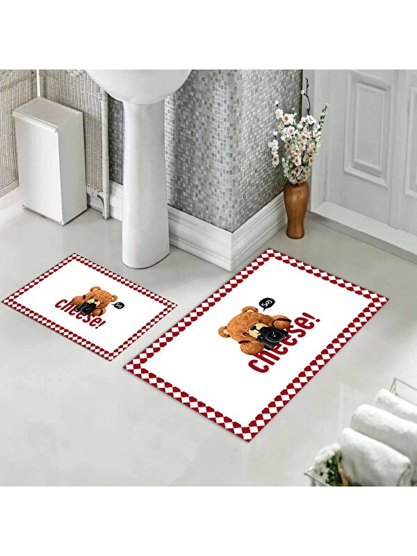 Evmila Teddy Bear Desenli 2 li Kaydırmaz Banyo Paspas Seti