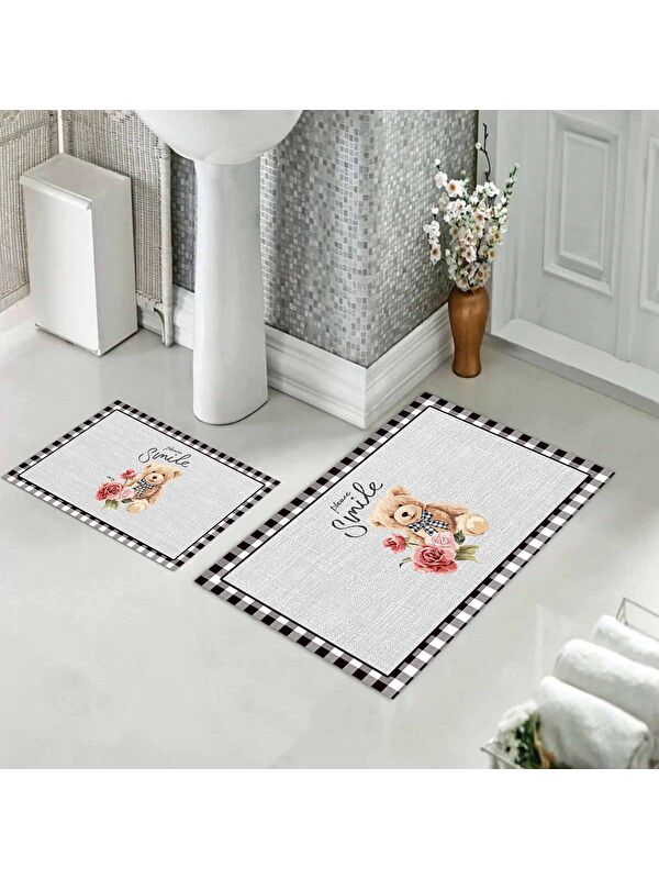 Evmila Teddy Bear Desenli 2 li Kaydırmaz Banyo Paspas Seti