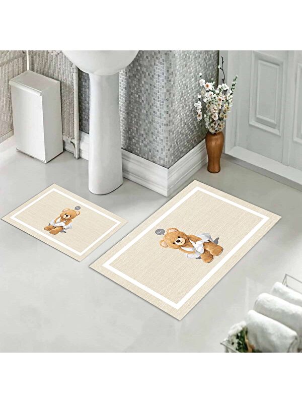 Evmila Teddy Bear Desenli 2 li Kaydırmaz Banyo Paspas Seti
