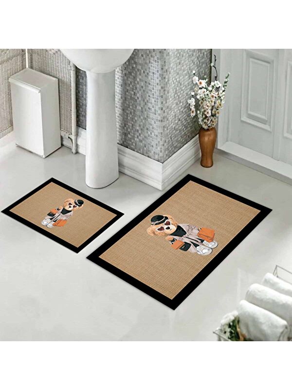 Evmila Teddy Bear Desenli 2 li Kaydırmaz Banyo Paspas Seti