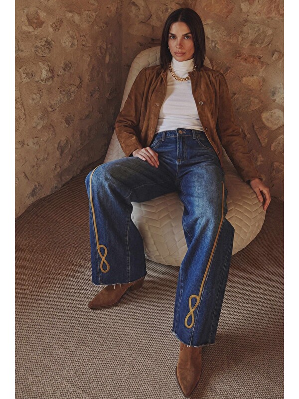 It's Basic Kadın Koyu Jean 2w6-8 Palazzo Fit Nakış Detaylı Özel Tsarım Denim Jean