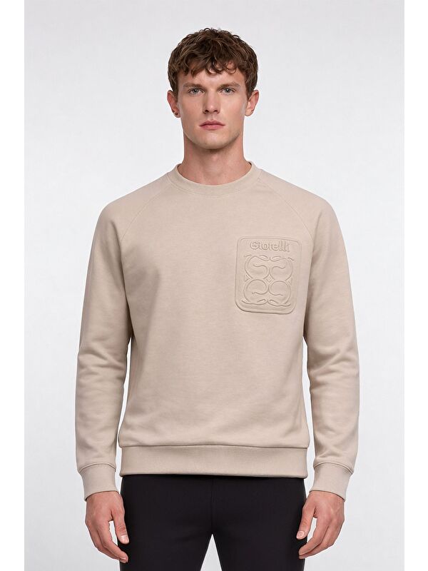 Sabri Özel Giotelli Erkek Ekru Normal Kesim Regular Fit %100 Pamuk Örme Bisiklet Yaka Sweatshirt