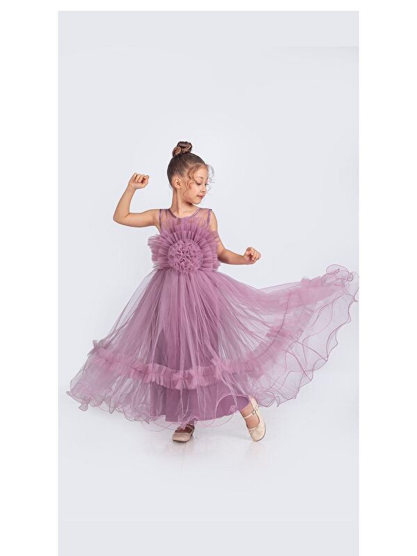 Mnk Baby & Kids Uzun Etekli , Askılı Kız Cocuk Gül Motif Abiye Elbise M00670