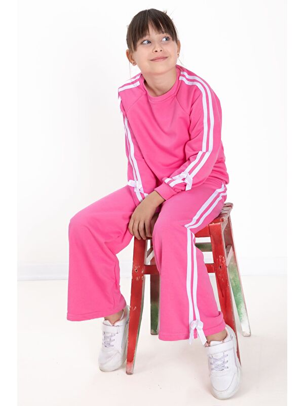 Cansın Mini Pembe Fiyonk Detaylı Şeritli Kız Çocuk Bisiklet Yaka Eşofman Takımı 22731