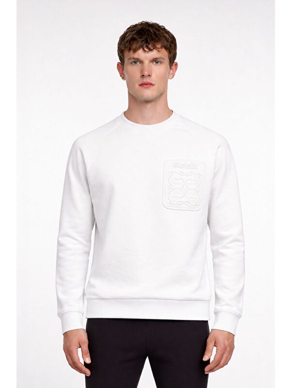 Sabri Özel Giotelli Erkek Beyaz Normal Kesim Regular Fit %100 Pamuk Örme Bisiklet Yaka Sweatshirt