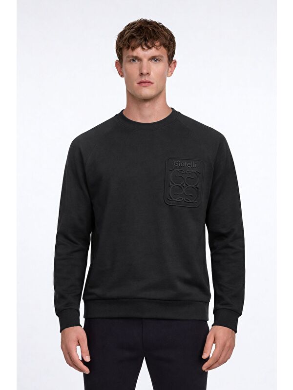 Sabri Özel Giotelli Erkek Siyah Normal Kesim Regular Fit %100 Pamuk Örme Bisiklet Yaka Sweatshirt
