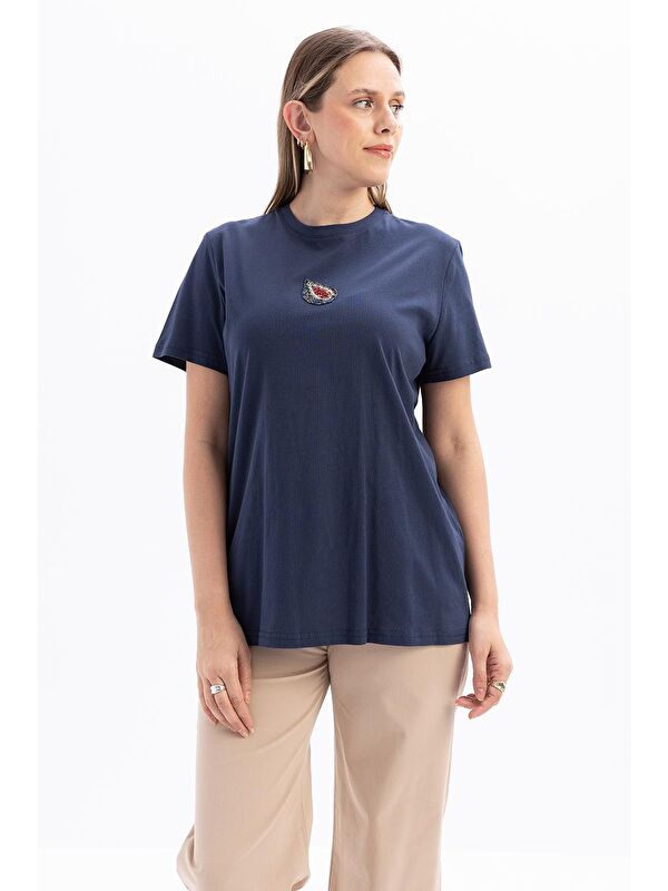 ALLDAY İndigo-Kısa Kollu Nakış Detaylı Süprem Tshirt