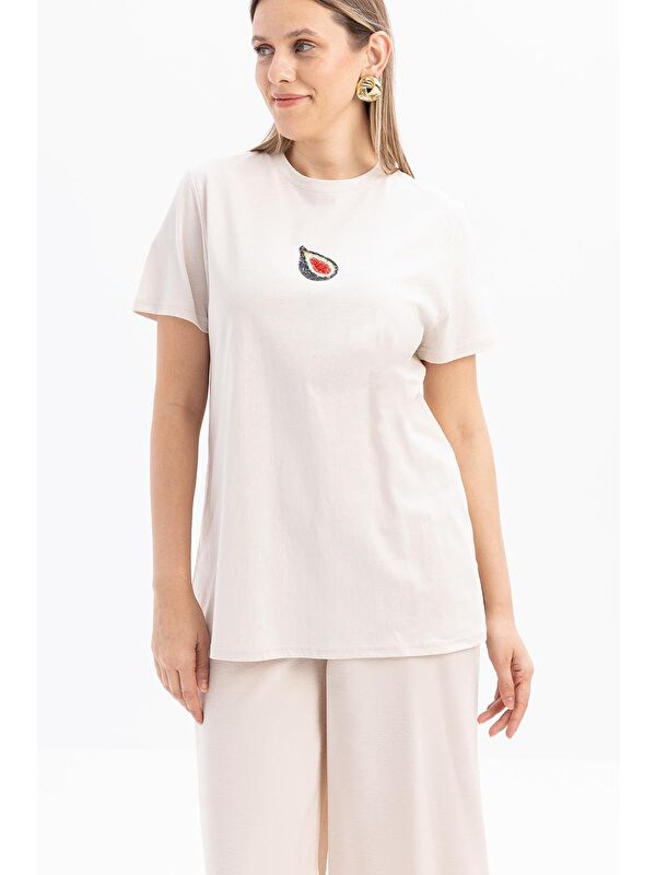 ALLDAY Taş-Kısa Kollu Nakış Detaylı Süprem Tshirt