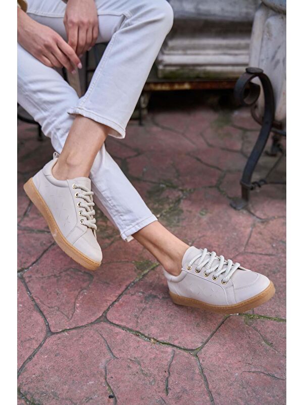 Kalın Bağcıklı Deri Görünümlü Spor Ayakkabı Sneaker Bej - Görsel 3