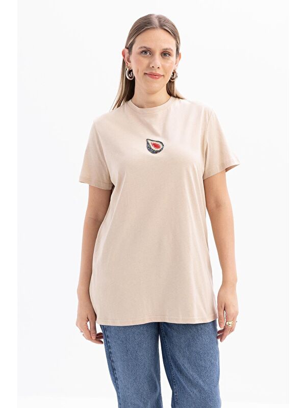 ALLDAY Bej-Kısa Kollu Nakış Detaylı Süprem Tshirt