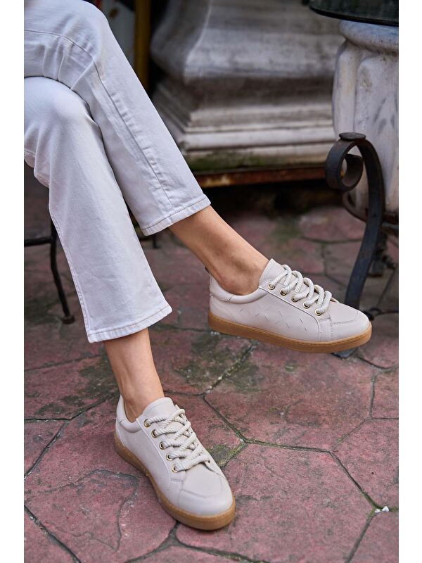 Kalın Bağcıklı Deri Görünümlü Spor Ayakkabı Sneaker Bej - Görsel 4