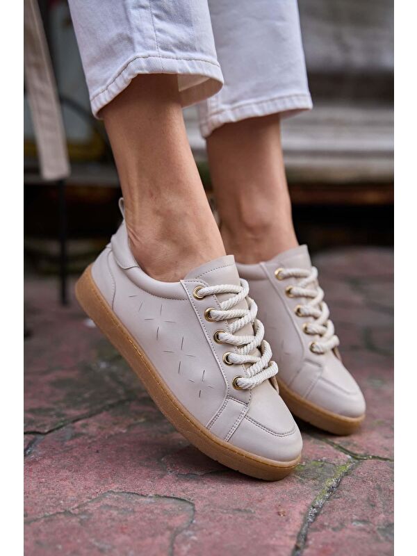 Kalın Bağcıklı Deri Görünümlü Spor Ayakkabı Sneaker Bej - Görsel 5