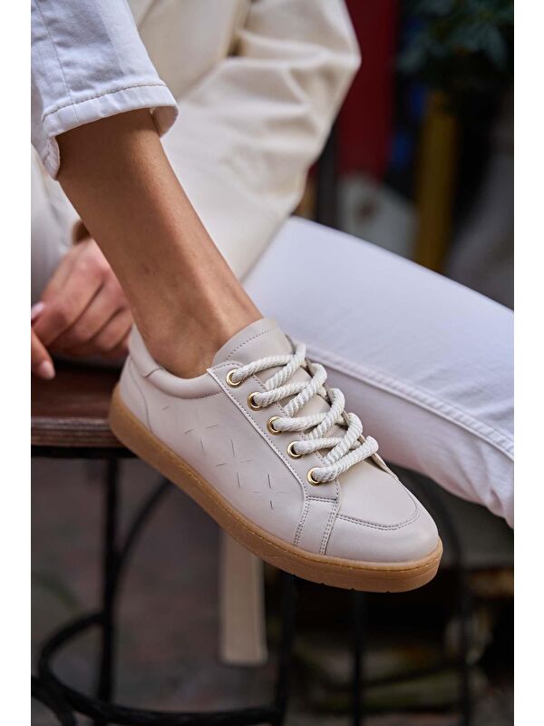 Kalın Bağcıklı Deri Görünümlü Spor Ayakkabı Sneaker Bej - Görsel 6