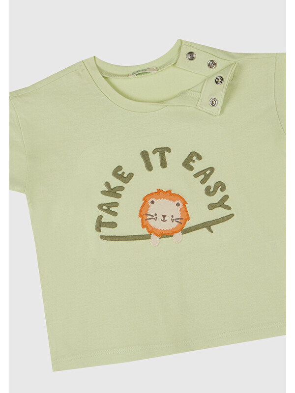 United Colors Of Benetton Bebek Su Yeşili Aplikeli ve Baskılı Bisiklet Yaka T-Shirt