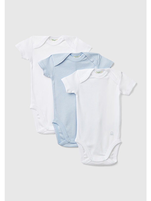 United Colors Of Benetton Bebek Beyaz-Mavi Kısa Kollu 3'lü Çıtçıtlı Body