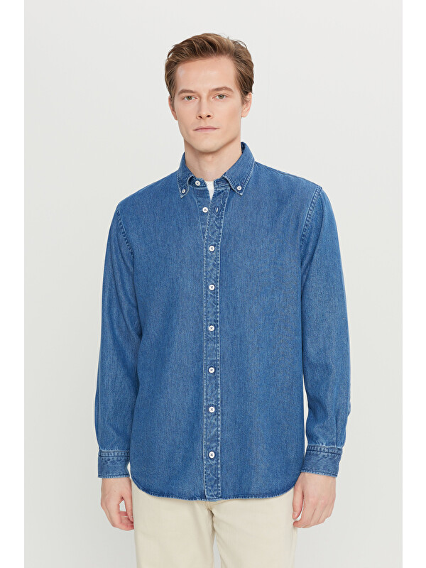 Altınyıldız Classics Erkek Lacivert Yumuşak Dokulu Comfort Fit Rahat Kesim Klasik Yaka Denim Jean Gömlek