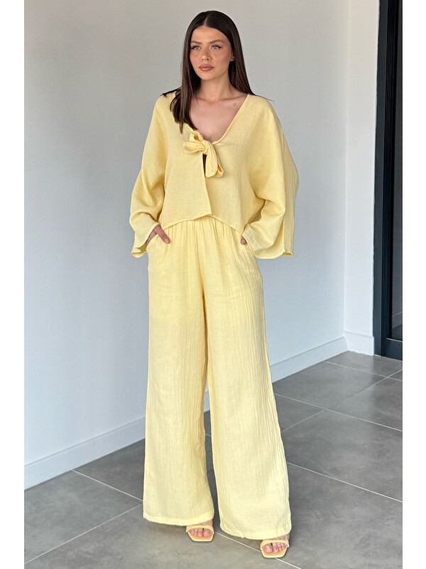 Gülseli Kadın Ön Bağlamalı Kısa Kimono Bel Lastikli Pantolon İkili Takım