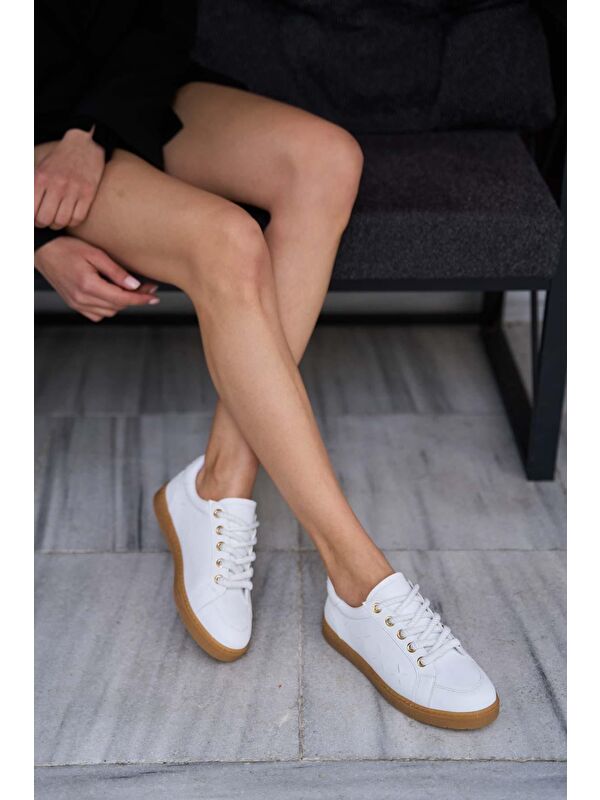 Kalın Bağcıklı Deri Görünümlü Spor Ayakkabı Sneaker Beyaz - Görsel 3
