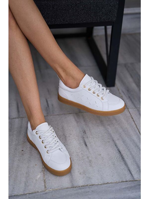 Kalın Bağcıklı Deri Görünümlü Spor Ayakkabı Sneaker Beyaz - Görsel 4