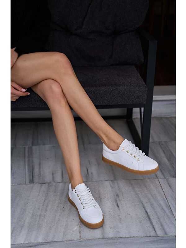 Kalın Bağcıklı Deri Görünümlü Spor Ayakkabı Sneaker Beyaz - Görsel 5