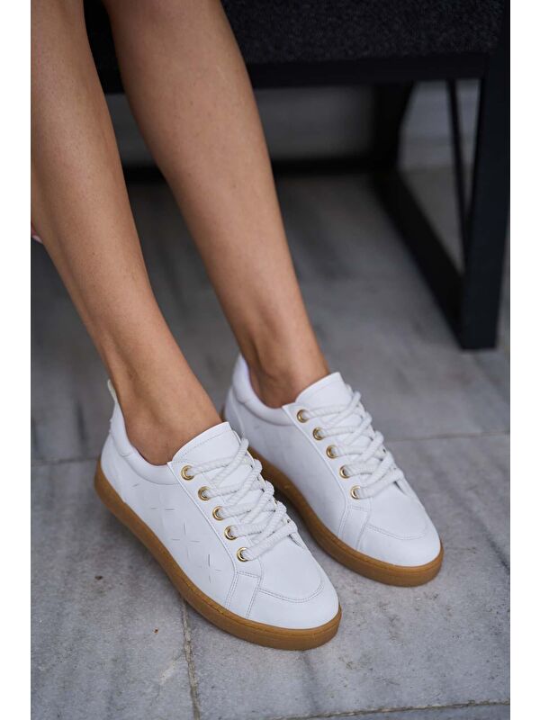 Kalın Bağcıklı Deri Görünümlü Spor Ayakkabı Sneaker Beyaz - Görsel 6