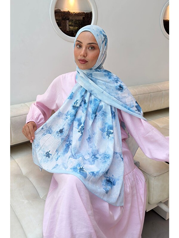 Lamelif Batik Çiçek Desen Bambu Şal Bebe Mavisi