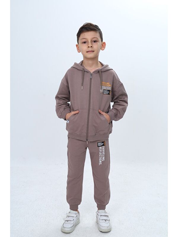 Toontoykids Erkek Çocuk 2'li Takım Baskılı Kapüşonlu Fermuarlı Sweatshirt & Beli Paçası Lastikli Cepli Jogger Eş