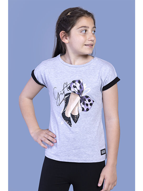 Toontoykids Kız Çocuk Fiyonk Baskılı Kolları Garni Detaylı Tişört