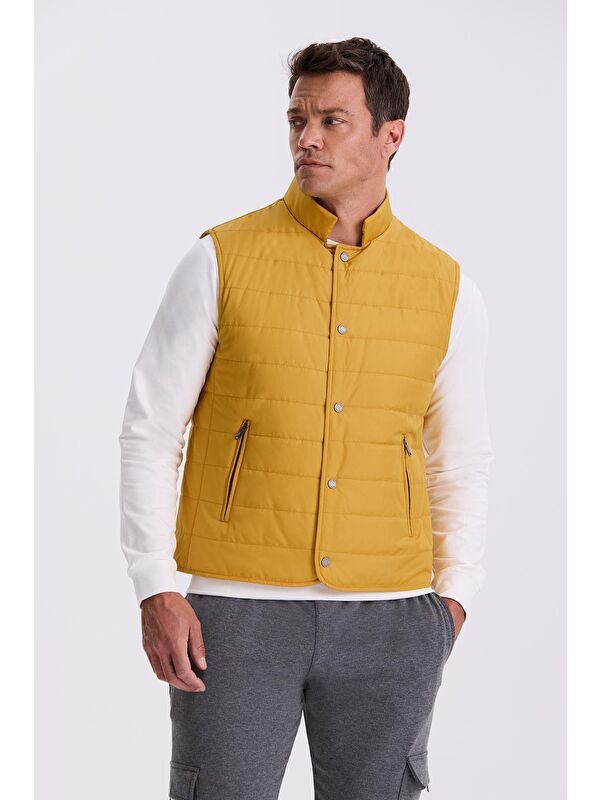 JAKAMEN Sarı Hakim Yaka Elyaflı Slim Fit Yelek