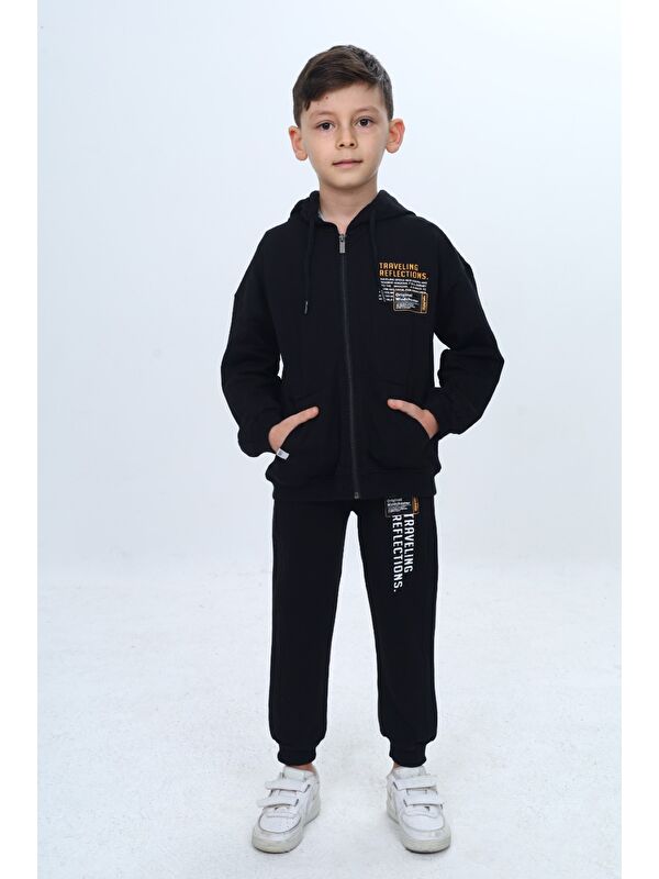 Toontoykids Erkek Çocuk 2'li Takım Baskılı Kapüşonlu Fermuarlı Sweatshirt & Beli Paçası Lastikli Cepli Jogger Eş