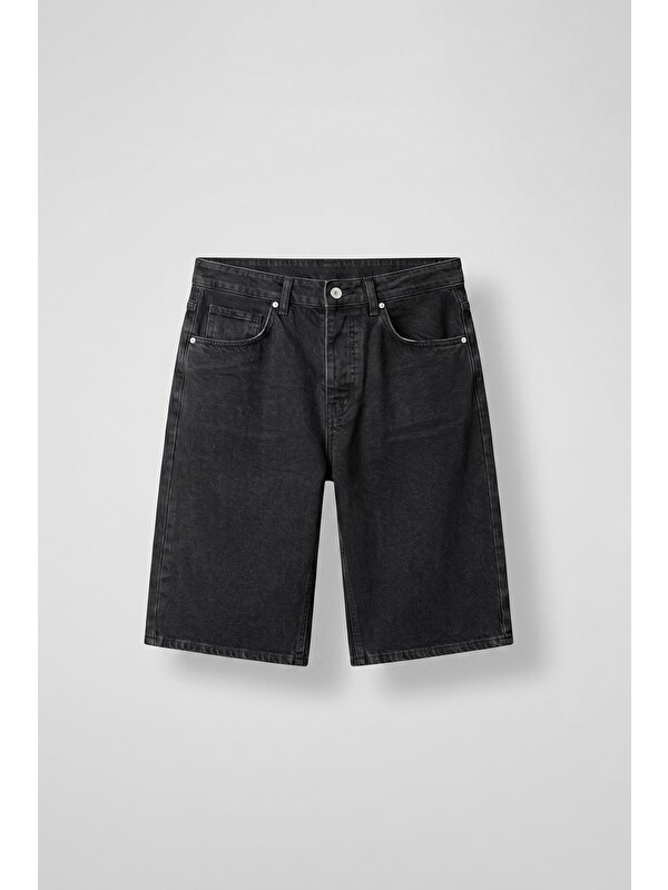 Abluka Online Erkek Eskitme Yıkamalı Baggy Jean Şort Siyah