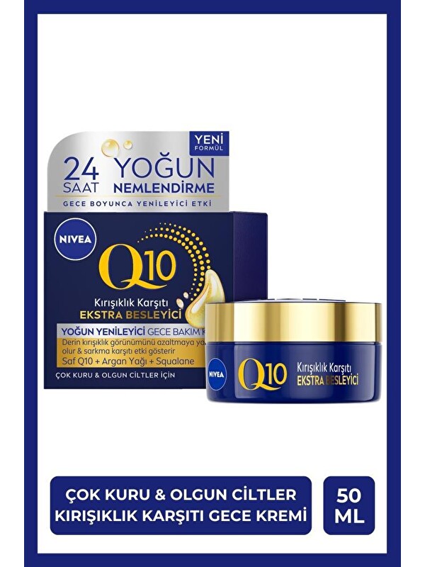 NIVEA Q10 Kırışıklık Karşıtı Ekstra Besleyici Gece Bakım Kremi 50ml, Kuru ve Olgun Ciltler, Argan Yağı