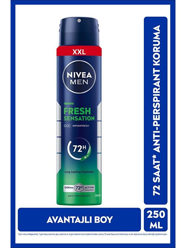 NIVEA MEN Erkek Sprey Deodorant Fresh Sensation 250ml, 72 Saat Anti-perspirant Ter Koruması, Avantajlı Boy