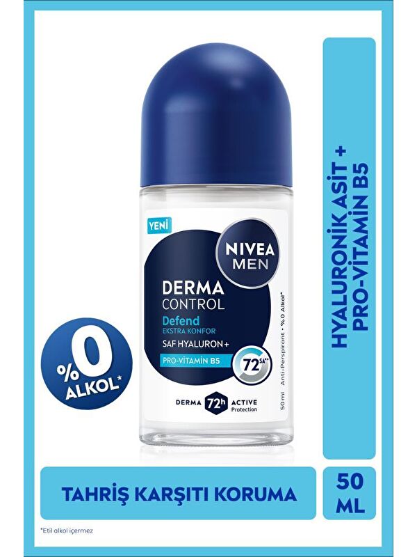 NIVEA MEN Erkek Roll-on Deodorant Derma Control Defend 50ml, 72 Saat Anti-perspirant, Alkolsüz, Hyaluron