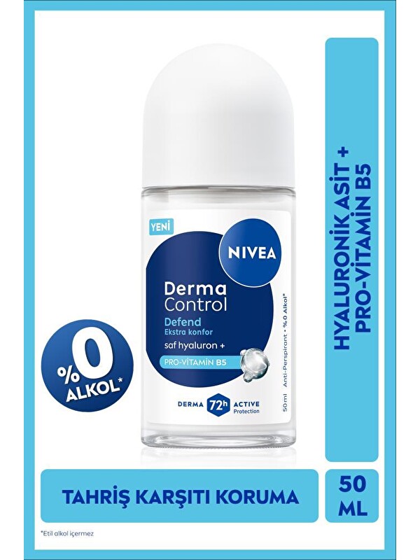 NIVEA Kadın Roll on Deodorant Derma Control Defend 50 ml,72 Saat Koruma,Alkolsüz,Hyaluron,Pro Vitamin