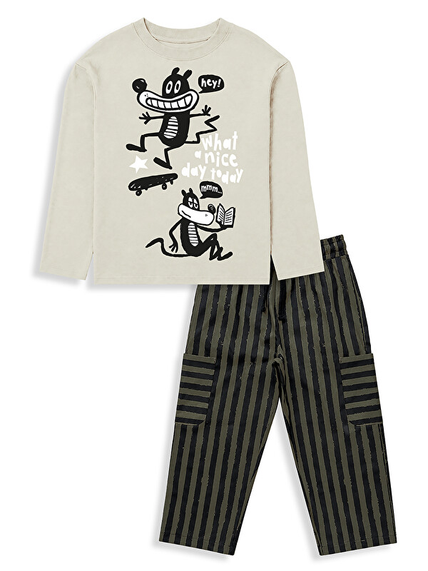 Denokids Erkek Çocuk Takım Oversize Tişört - Çizgili Dokuma Gabardin Pantolon (5-10 Yaş)