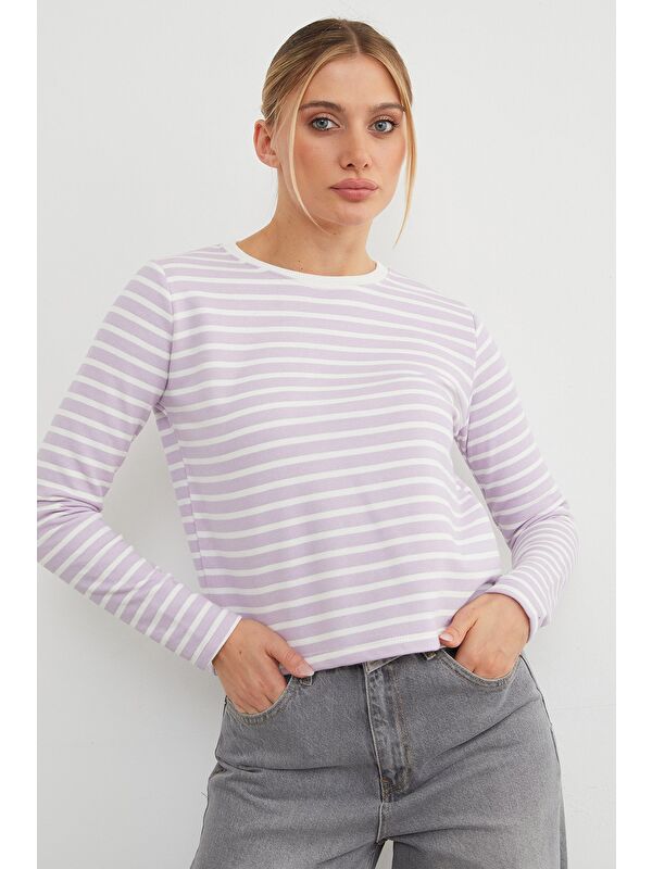 Fullamoda 3 İplik Şardonsuz Çizgili Bisiklet Yaka Sweatshirt