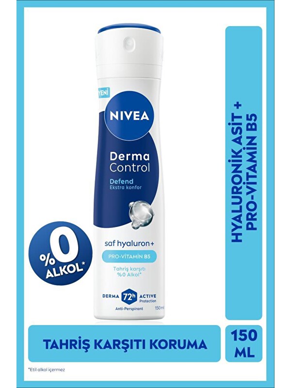 NIVEA Kadın Sprey Deodorant Derma Control Defend 150 ml,Tahriş Karşıtı,Alkolsüz,Hyaluron,Pro Vitamin B5