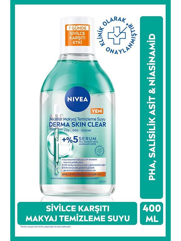 NIVEA Micellar Makyaj Temizleme Suyu Derma Skin Clear 400 ml,Sivilce Karşıtı,Niasinamid,Salisilik Asit,PHA