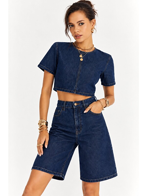 carla10 Kadın Lacivert Denim Crop Üst ve Yüksek Bel Bermuda Şort İkili Takım