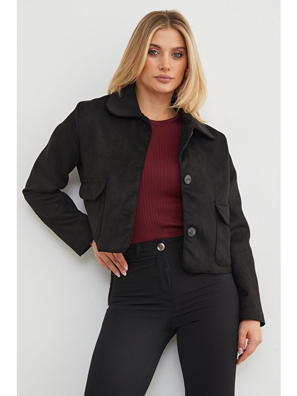 Fullamoda Çift Cepli Süet Polo Yaka Crop Ceket