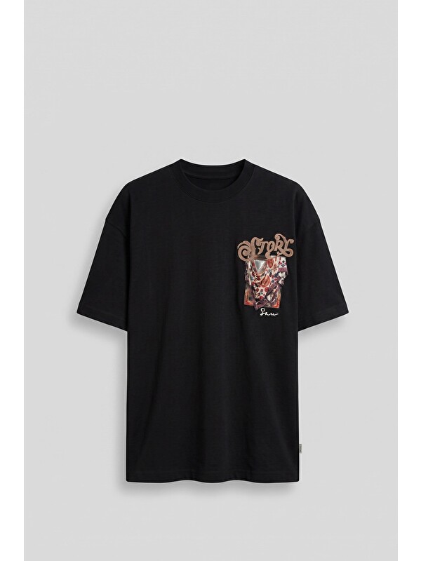 Abluka Online Erkek Oversize Etnik Desenli 3D Sırt Baskılı T-Shirt Siyah