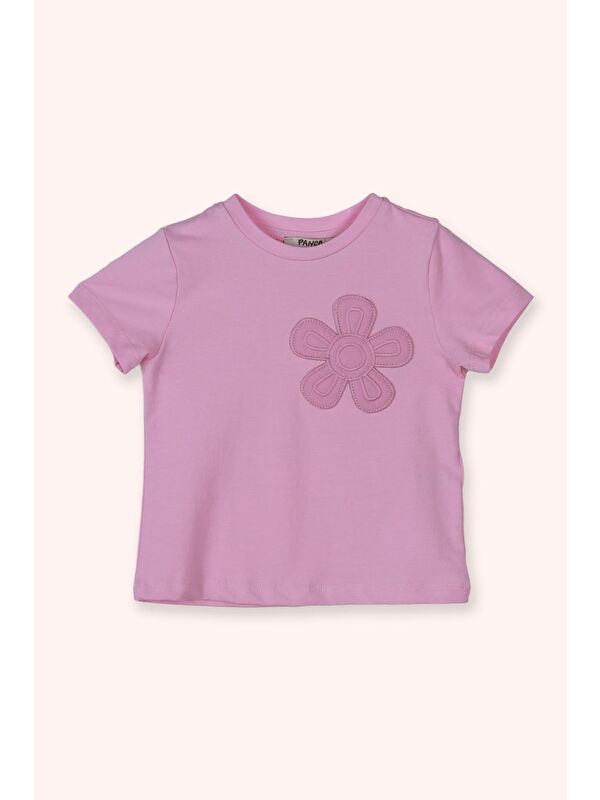 Panço Kız Çocuk Çiçek Aplikelii T-Shirt Pembe
