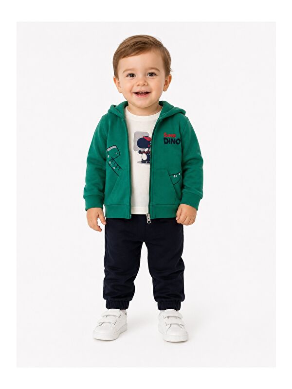 Kidex's Erkek Bebek Dino Baskılı Kapüşonlu 3lü Takım Fermuarlı Hırka Tişört Pantolon
