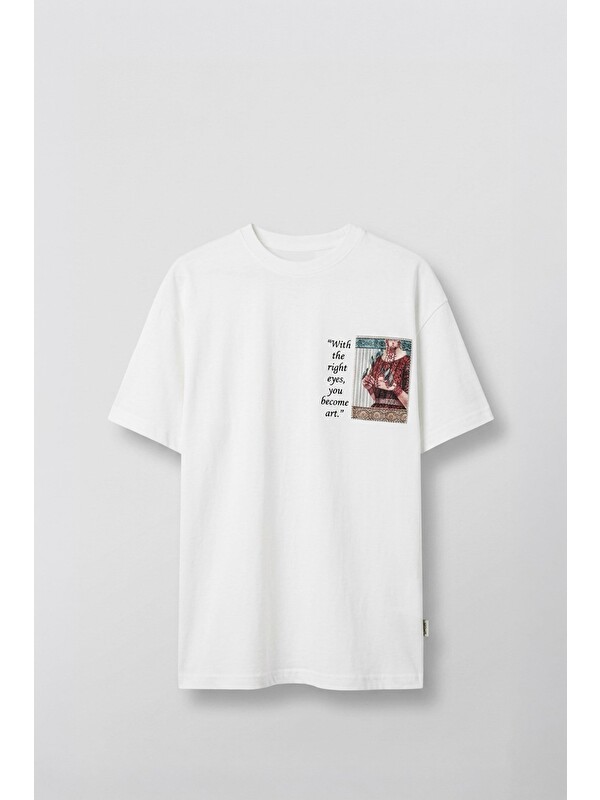 Abluka Online Erkek Oversize Oryantal 3D Sırt Baskılı T-Shirt Beyaz