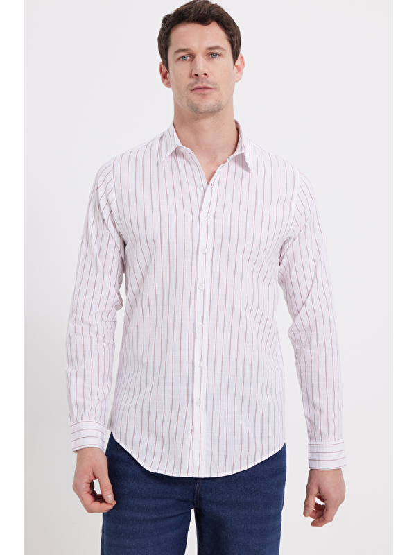 TUDORS Erkek Slim Fit Dar Kesim Uzun Kollu %100 Pamuk Keten Doku Çizgili Gömlek