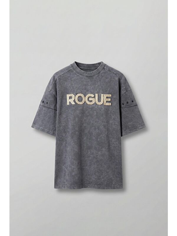 Abluka Online Erkek Yıkamalı Nakışlı Oversize T-Shirt Füme